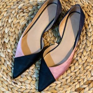 Light pink, navy blue and black shoes.